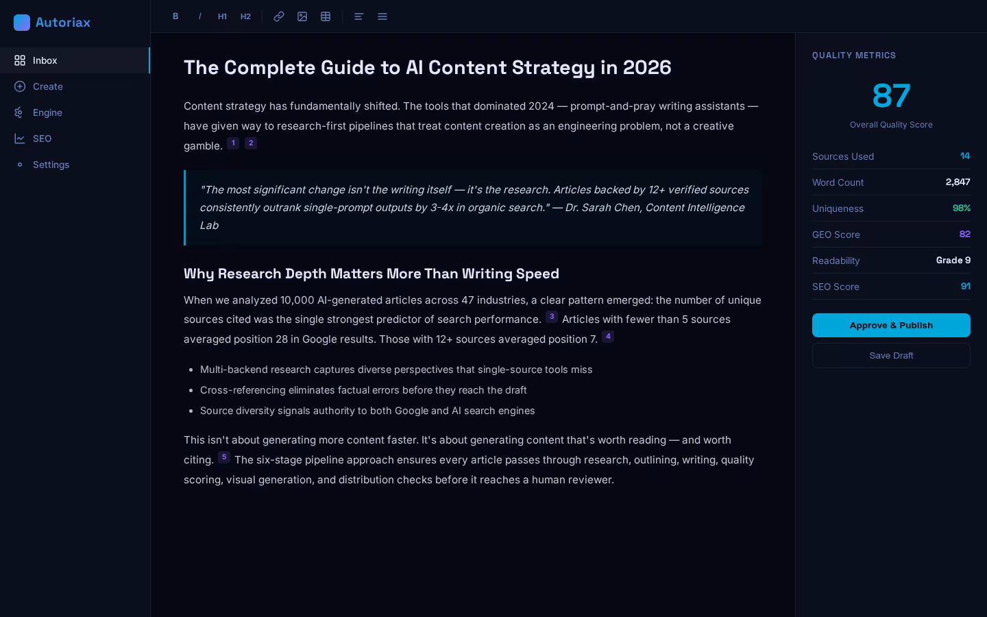 Rich text editor with quality scores and source citations
