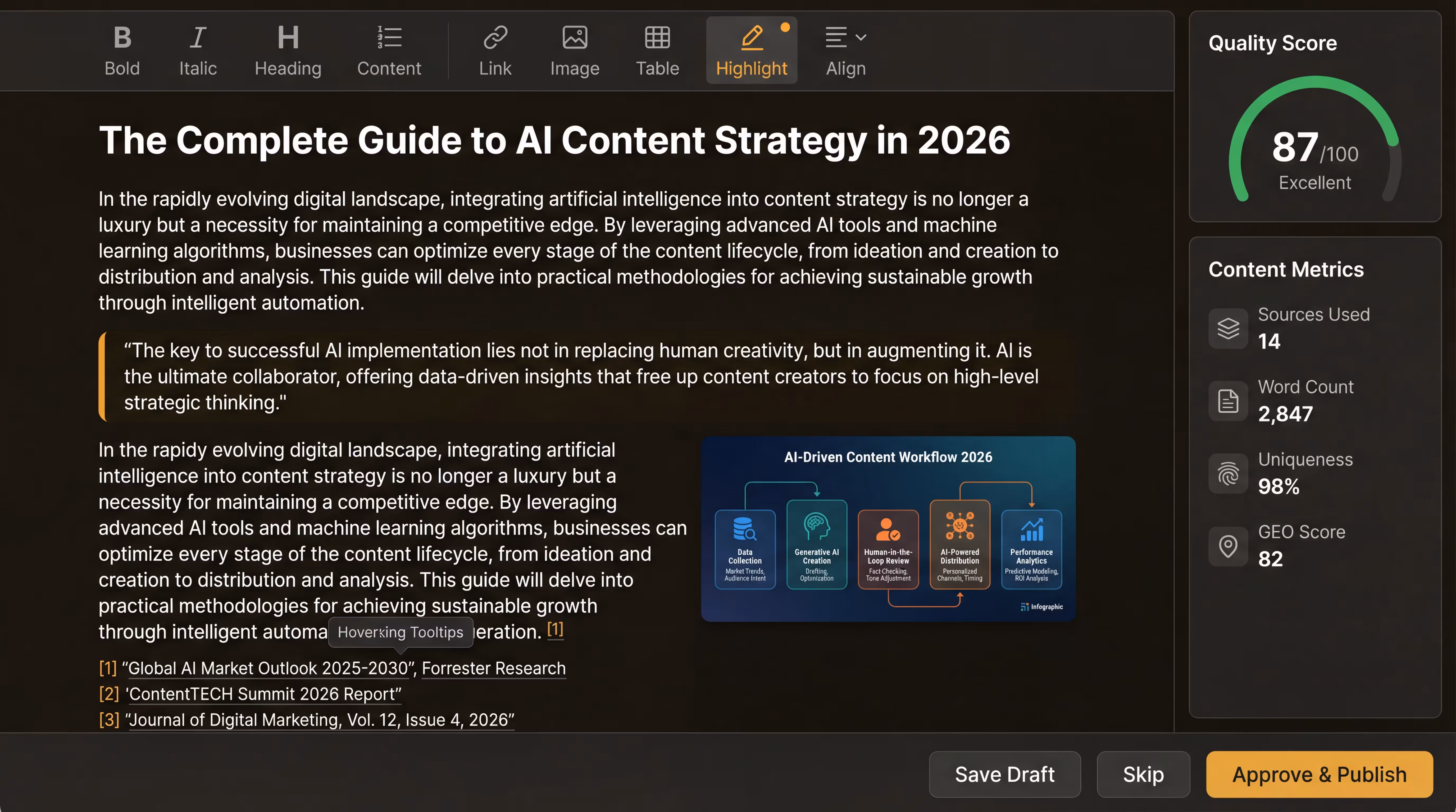 Rich text editor with quality scores, sources, and GEO optimization