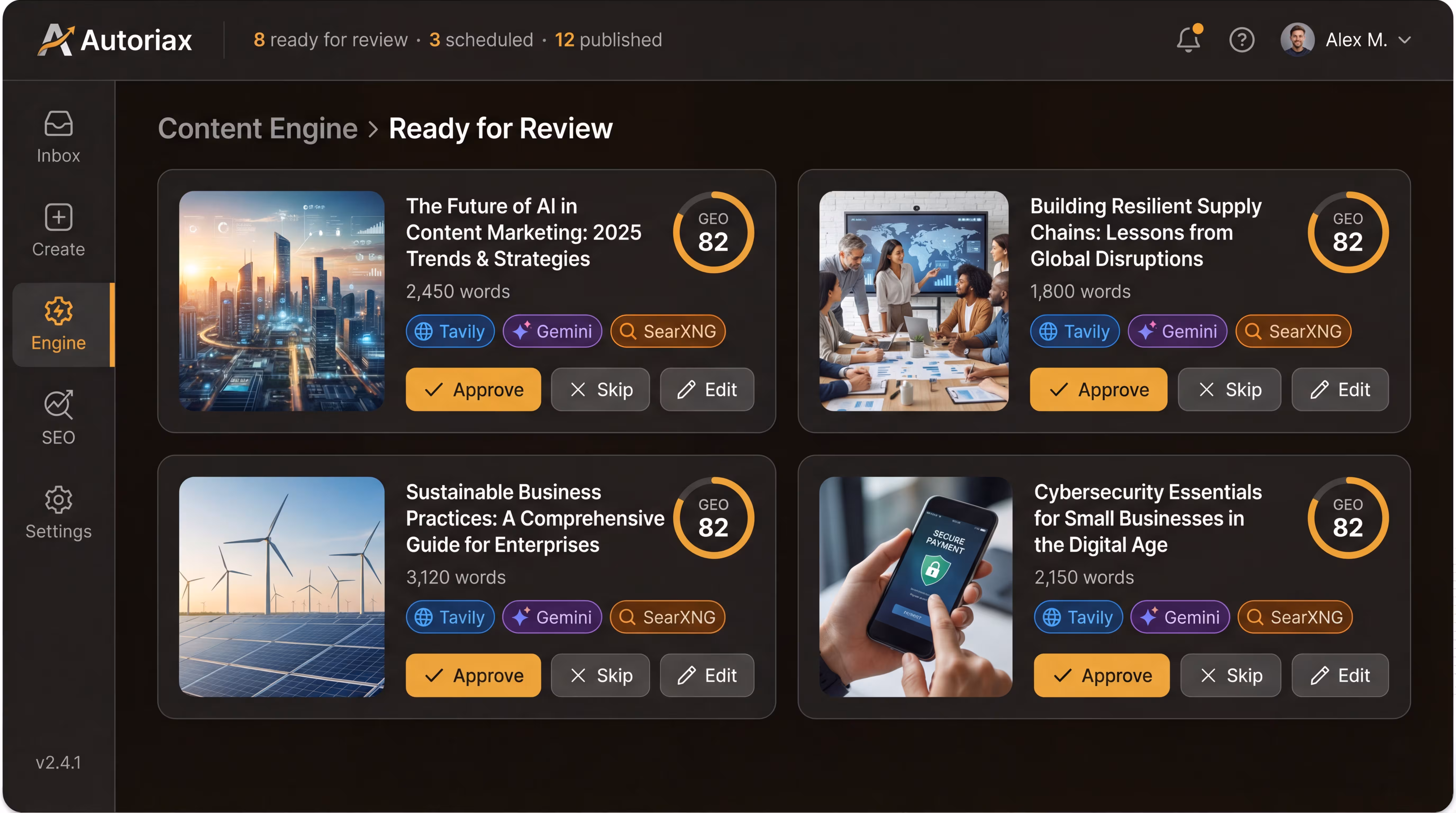 Autoriax editorial inbox — review, approve, and publish articles