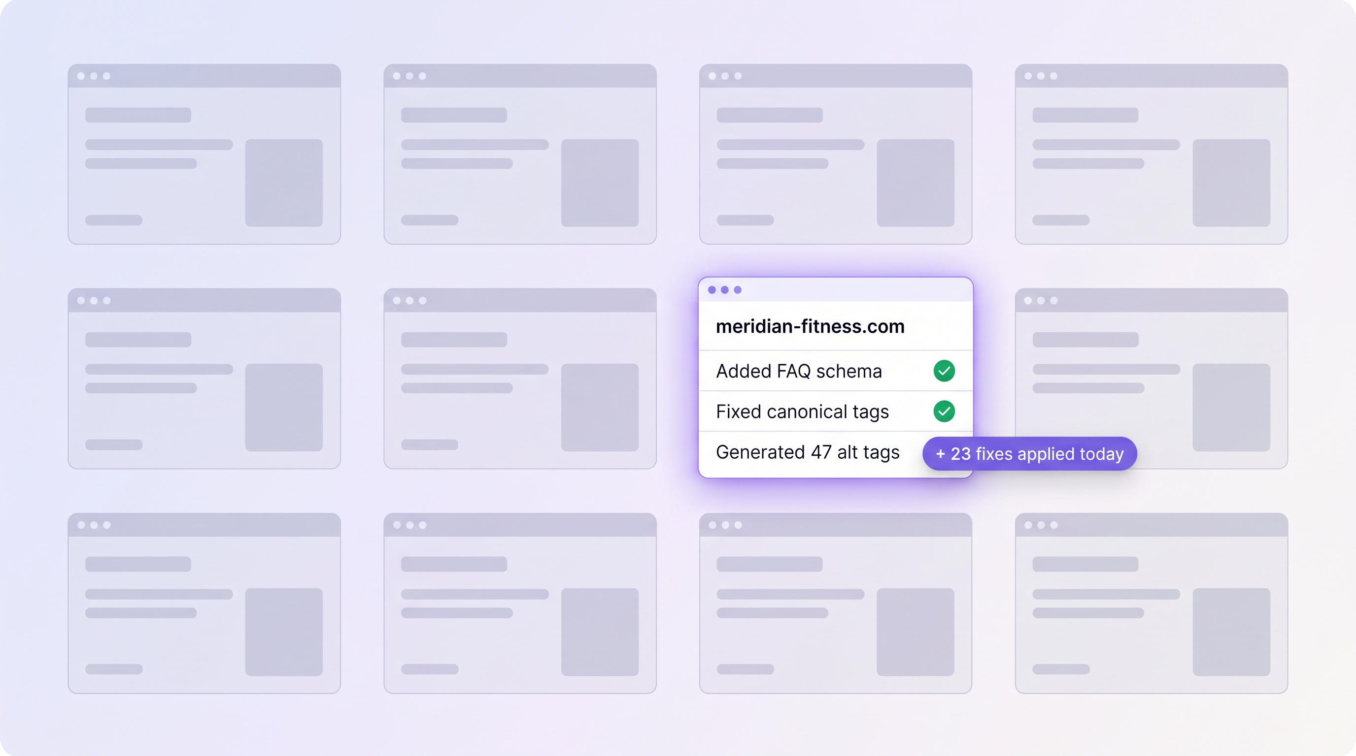 Grid of pages being audited, with one detailed fix card highlighted